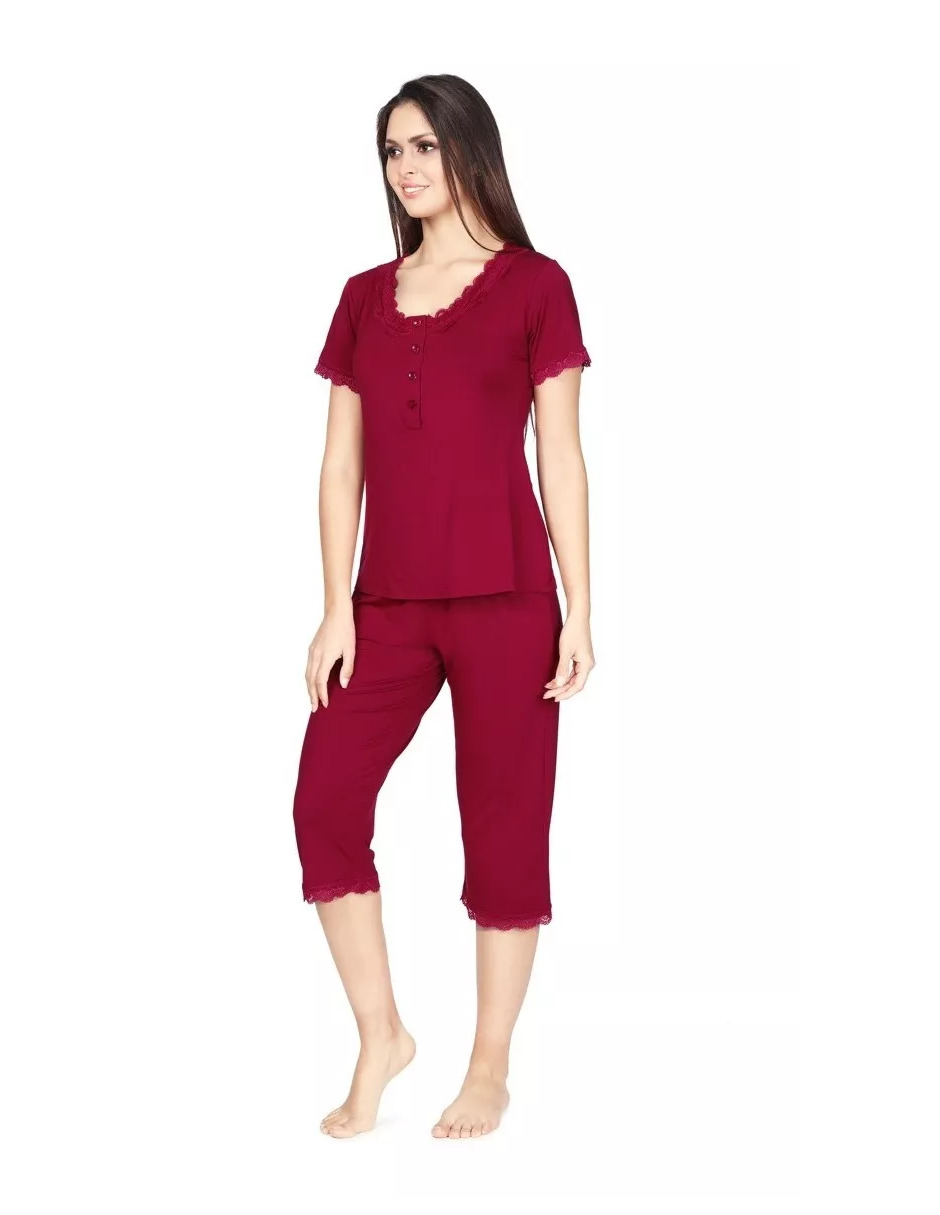 Foto 4 pulgar | Pijama De Manga Corta Y Pantalones Capri, Cuello V Y Encaje Color Rojo