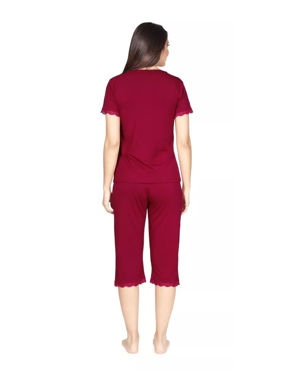 Foto 5 pulgar | Pijama De Manga Corta Y Pantalones Capri, Cuello V Y Encaje Color Rojo