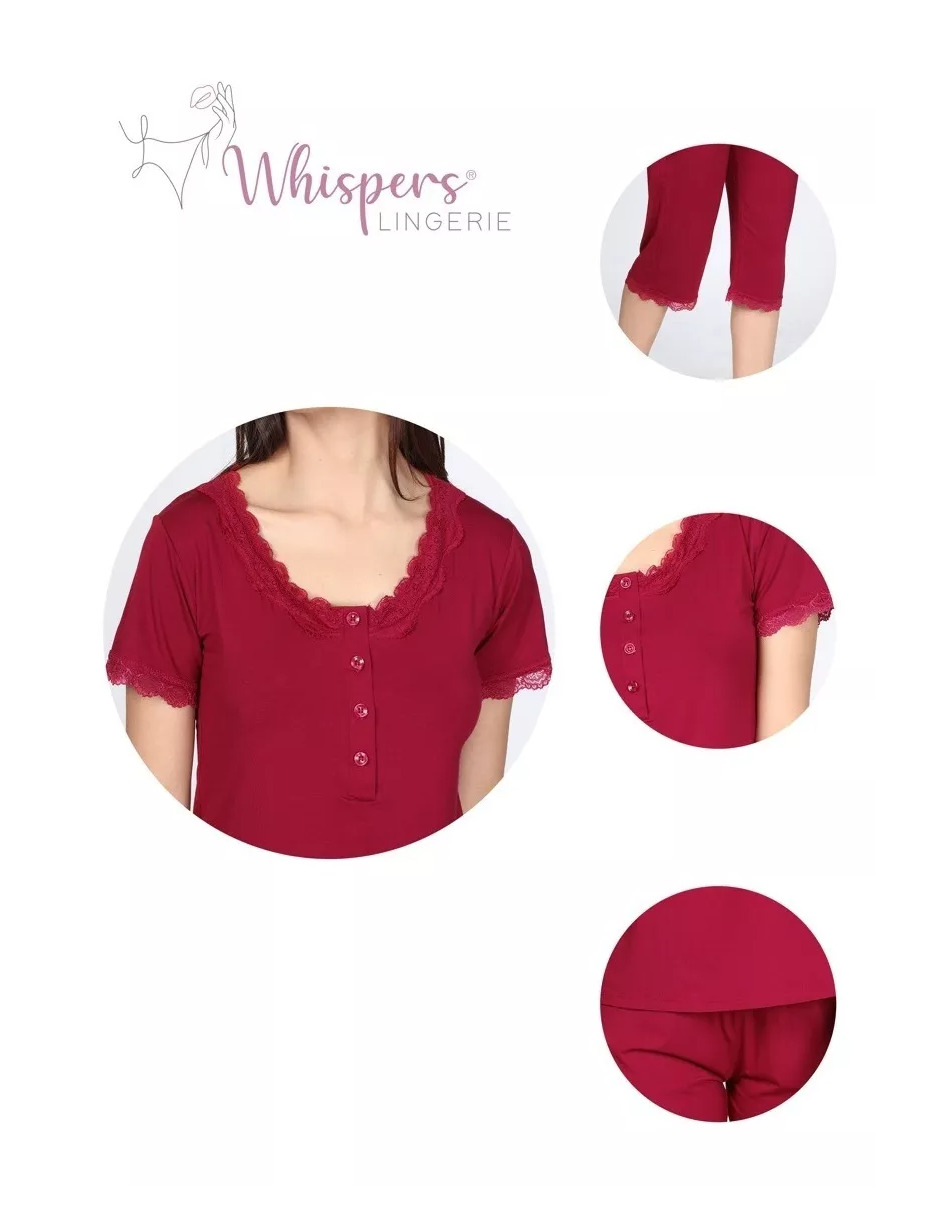 Foto 5 | Pijama De Manga Corta Y Pantalones Capri, Cuello V Y Encaje Color Rojo