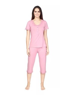 Foto 1 | Pijama De Manga Corta Y Pantalones Capri, Cuello V Y Encaje Color Rosa