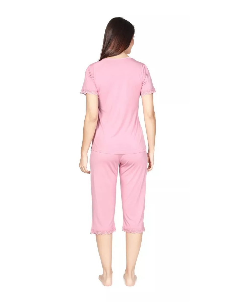 Foto 4 pulgar | Pijama De Manga Corta Y Pantalones Capri, Cuello V Y Encaje Color Rosa
