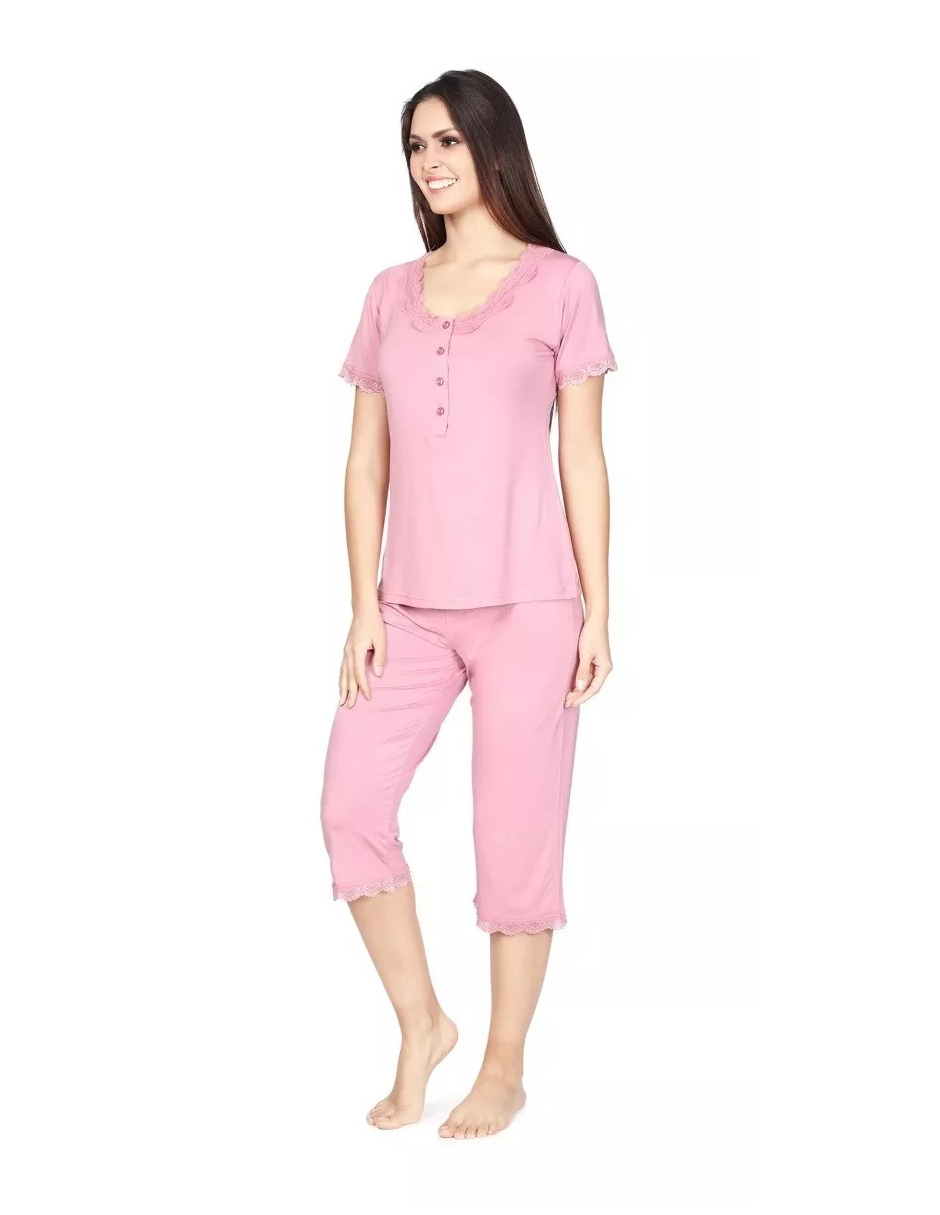 Foto 4 | Pijama De Manga Corta Y Pantalones Capri, Cuello V Y Encaje Color Rosa