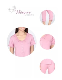 Foto 5 | Pijama De Manga Corta Y Pantalones Capri, Cuello V Y Encaje Color Rosa