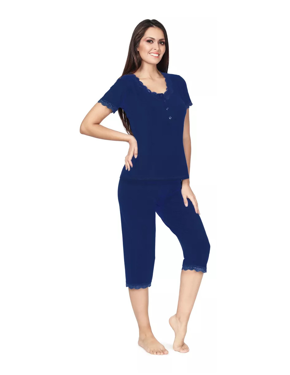 Foto 3 pulgar | Pijama De Manga Corta Y Pantalones Capri, Cuello V Y Encaje Color Azul