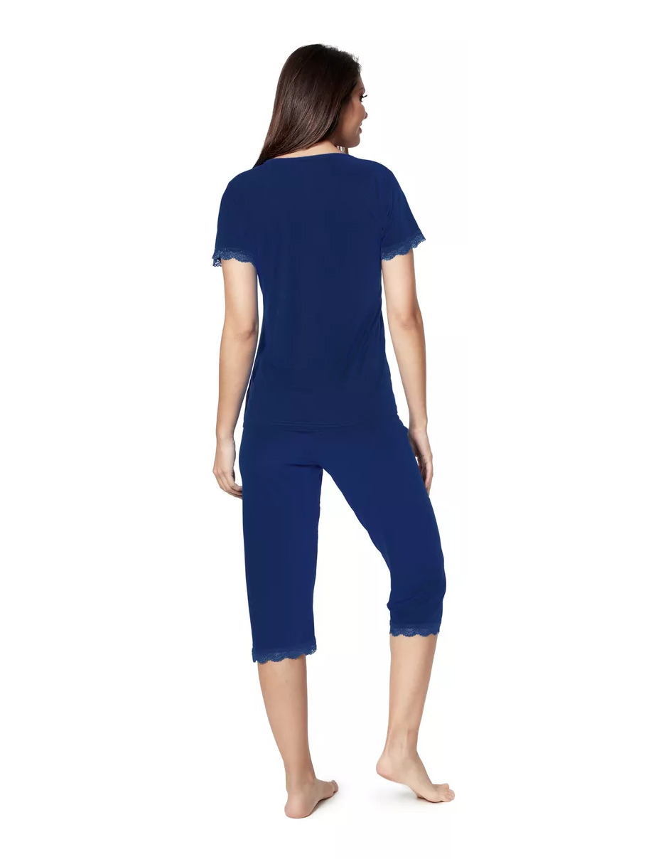 Foto 4 pulgar | Pijama De Manga Corta Y Pantalones Capri, Cuello V Y Encaje Color Azul