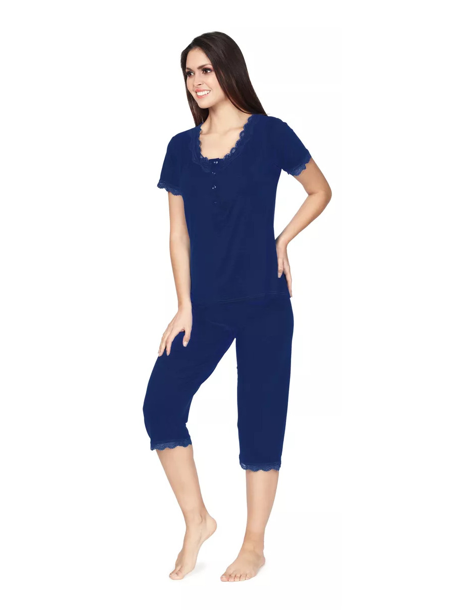 Foto 5 pulgar | Pijama De Manga Corta Y Pantalones Capri, Cuello V Y Encaje Color Azul