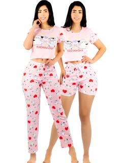 Foto 1 | Pijama De 3 Piezas Mujer Pantalon Short Y Playera A Juego Pij-077-3 Diseño Unico Pijama De Mujer