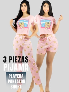 Foto 5 | Pijama De 3 Piezas Mujer Pantalon Short Y Playera A Juego Pij-077-3 Diseño Unico Pijama De Mujer