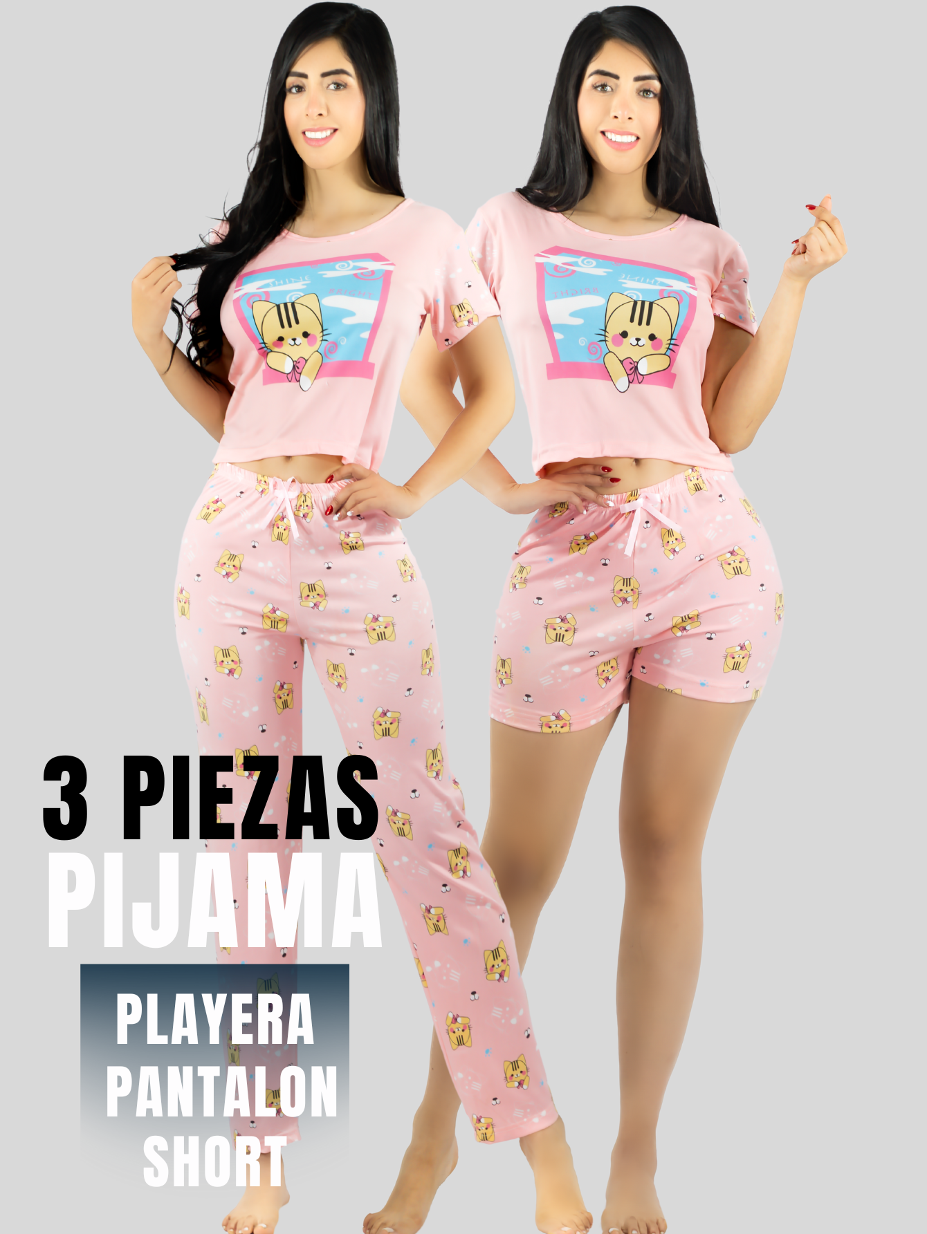 Foto 6 pulgar | Pijama De 3 Piezas Mujer Pantalon Short Y Playera A Juego Pij-077-3 Diseño Unico Pijama De Mujer