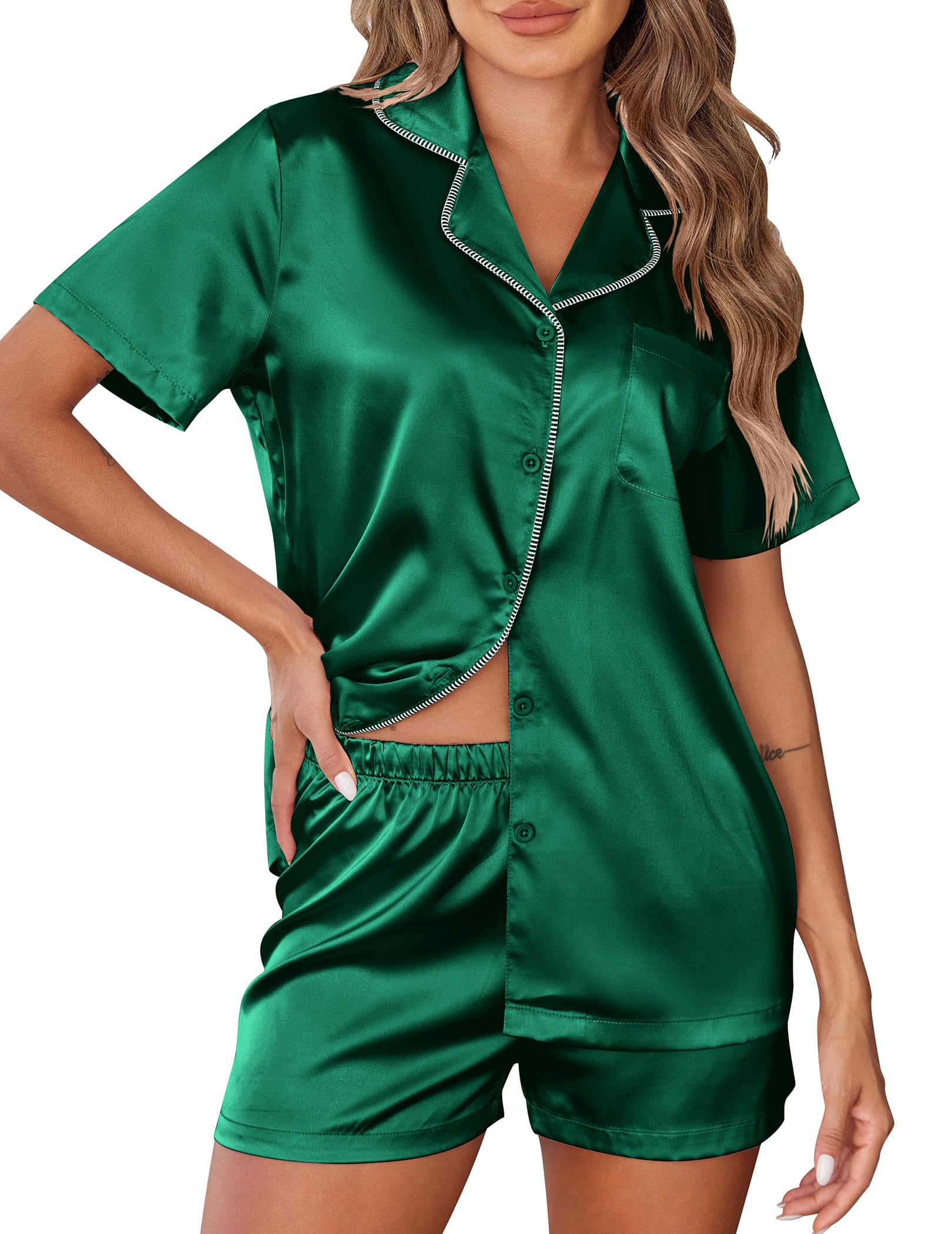 Foto 2 pulgar | Pijama Ekouaer Satén Manga Corta Verde Oscuro para Mujer - Venta Internacional
