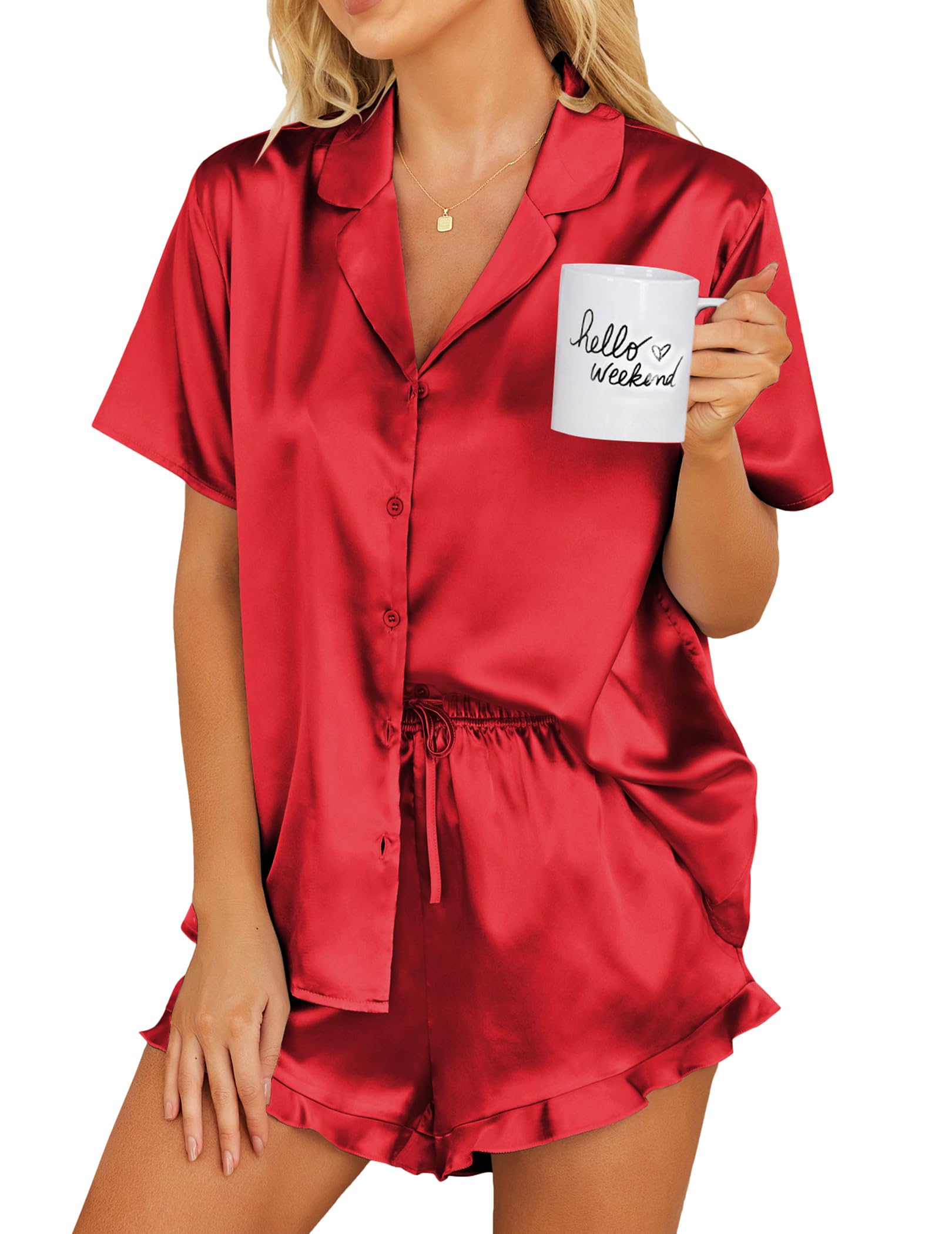 Foto 1 | Conjunto de Pijama Ekouaer Silk con Botones Roja para Mujer - Venta Internacional