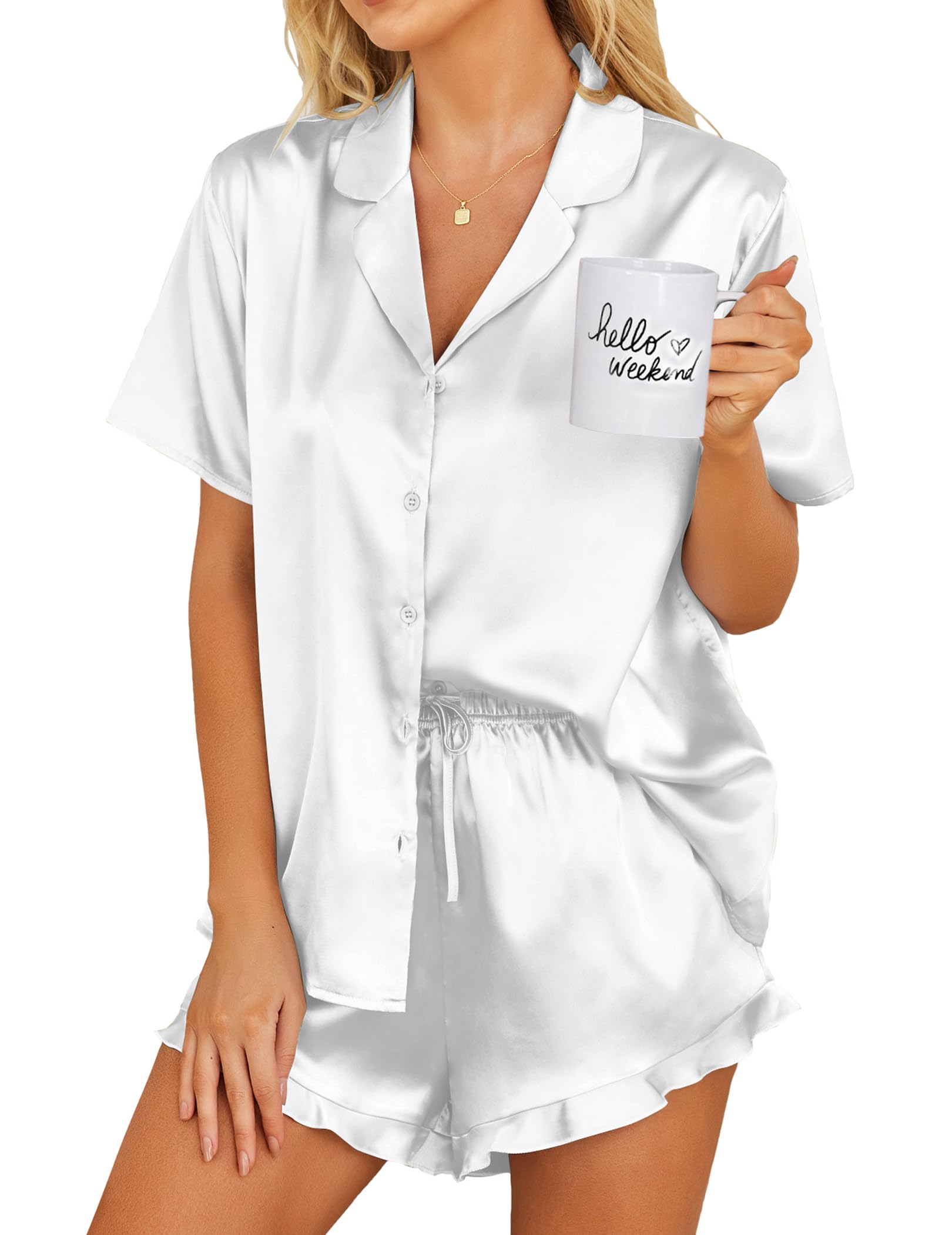 Foto 2 pulgar | Conjunto de Pijama Ekouaer de Satén Blanco para Mujer - Venta Internacional