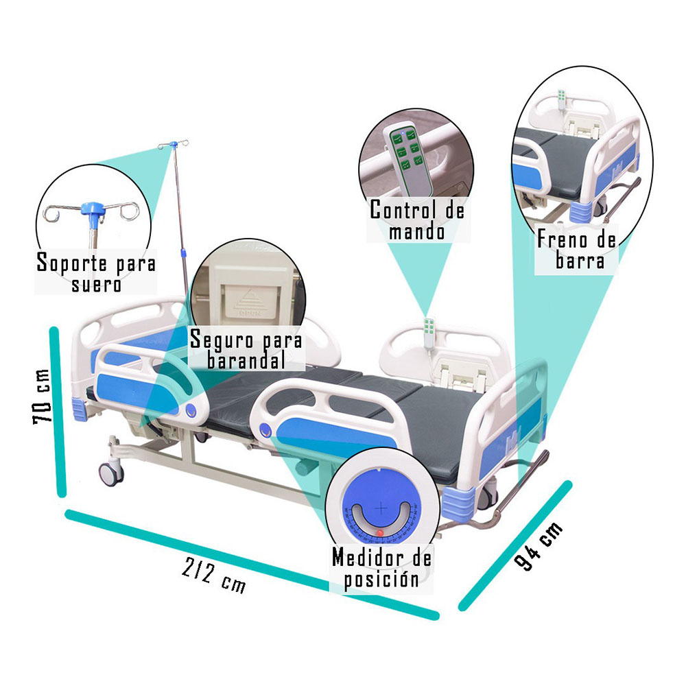 Foto 3 | Cama de Hospital Profesional Nanofort Mkz-camhosC05 color Blanco Eléctrica Automático Porta Suero con Colchón