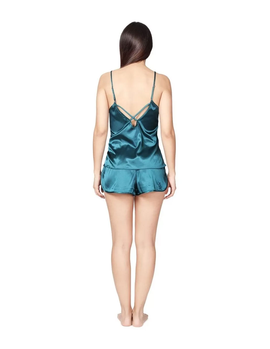 Foto 5 pulgar | Pijama Para Dama De Tela Fina De Satin, Sexy Camiseta Y Shorts Color Verde