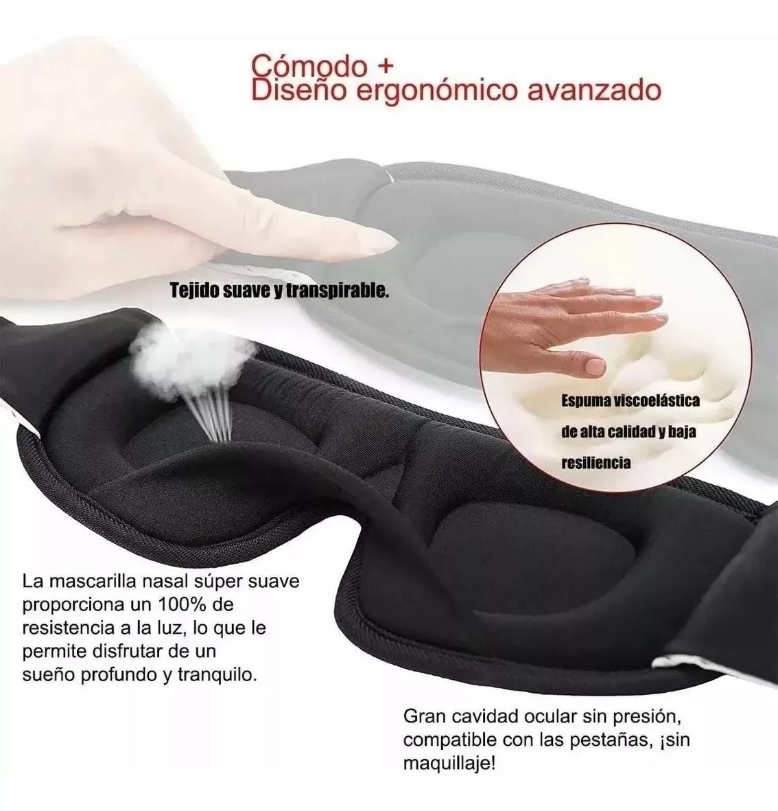 Foto 4 pulgar | Antifaz para Dormir Belug Negro Ajustable + 5 Tapones de Oídos