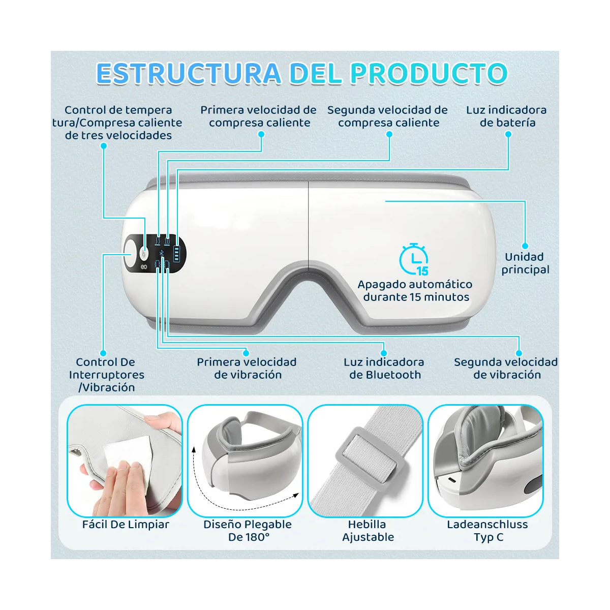 Foto 4 pulgar | Antifaz De Ojos Masajeador Con Bluetooth, Unitalla Eo Safe Imports Esi-19680 Blanco