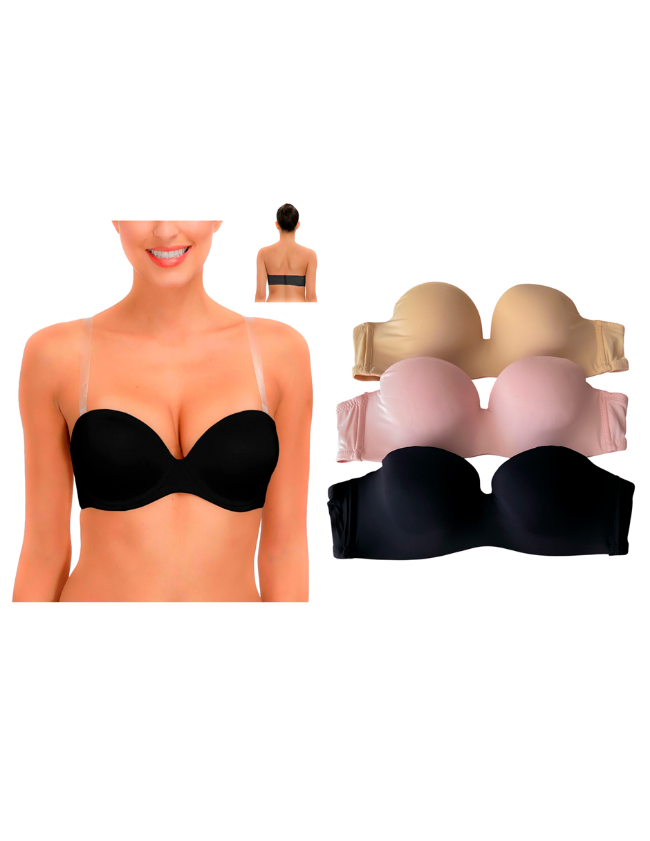 Foto 2 pulgar | Paquete De 3 Brasieres Strapless Tatys Fashion Multicolor Con Tirantes Transparentes