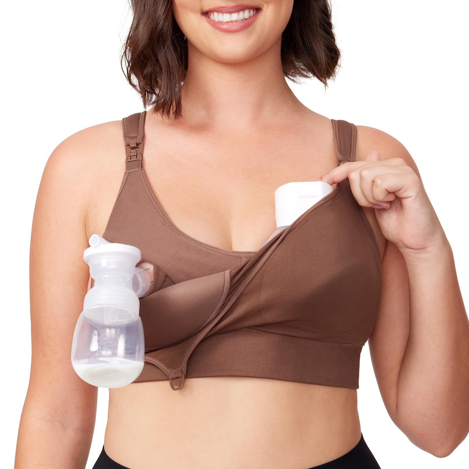 Pumping Bra Momcozy, De Licra, Manos Libres, Para Amamantar, Chocolate - Venta Internacional.
