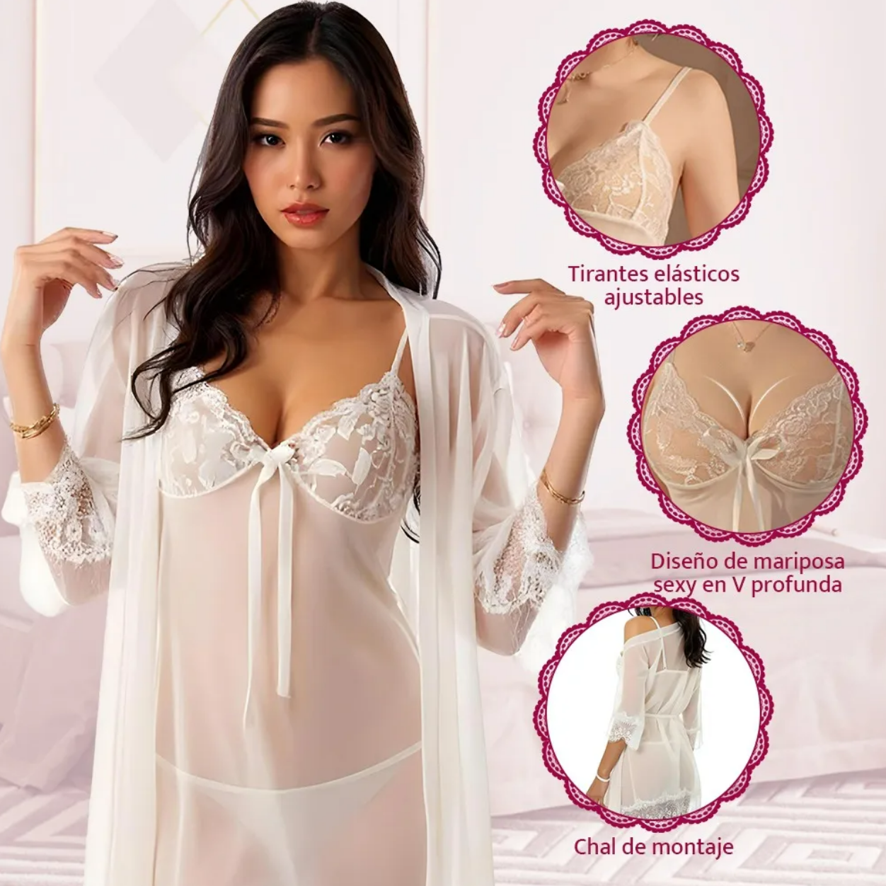 Foto 4 pulgar | Conjunto De Camisón De Encaje Para Mujer Pijama Sexy 4pcs Blanco
