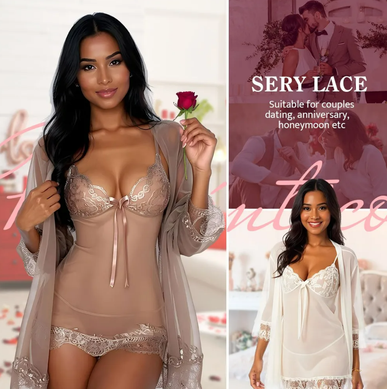 Foto 5 pulgar | Conjunto De Camisón De Encaje Para Mujer Pijama Sexy 4pcs Blanco