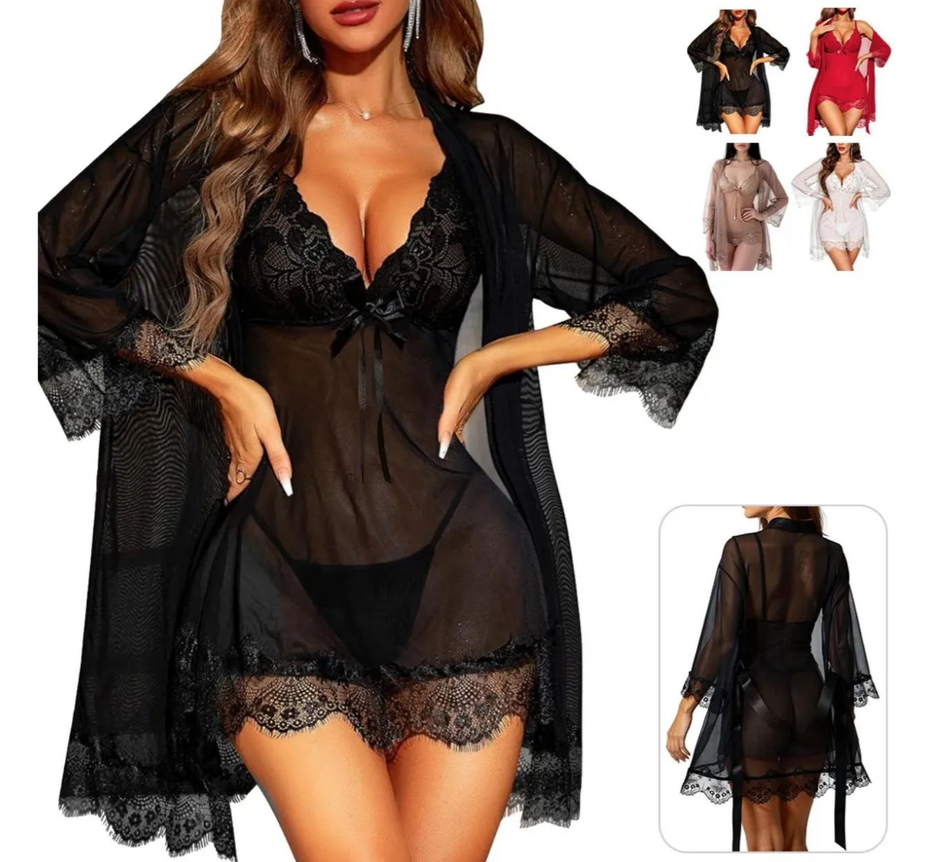 Conjunto De Camisón De Encaje Para Mujer Pijama Sexy 4pcs Negro