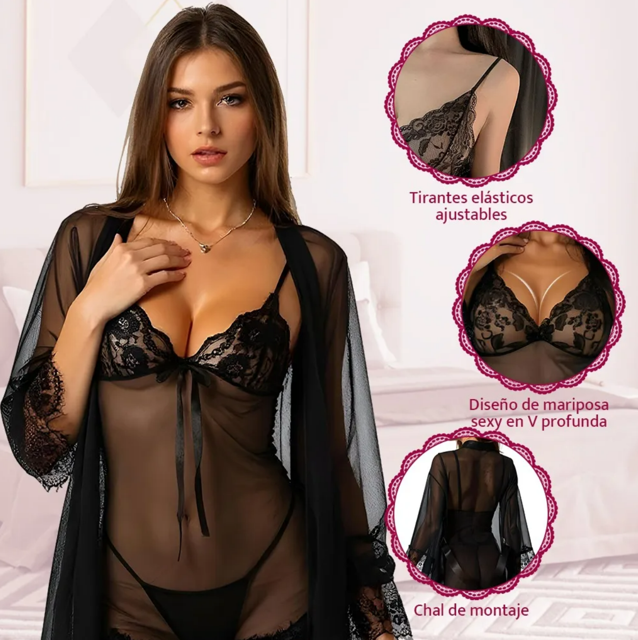 Foto 4 pulgar | Conjunto De Camisón De Encaje Para Mujer Pijama Sexy 4pcs Negro