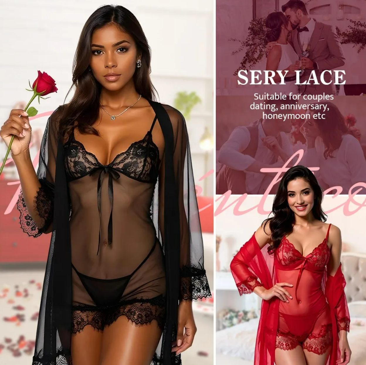 Foto 4 | Conjunto De Camisón De Encaje Para Mujer Pijama Sexy 4pcs Negro