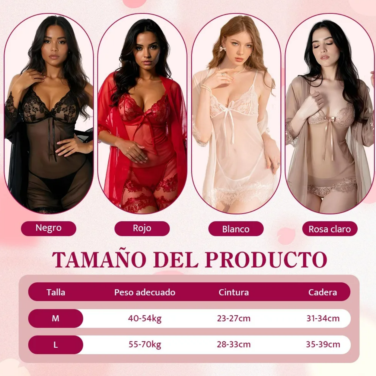Foto 6 | Conjunto De Camisón De Encaje Para Mujer Pijama Sexy 4pcs Negro