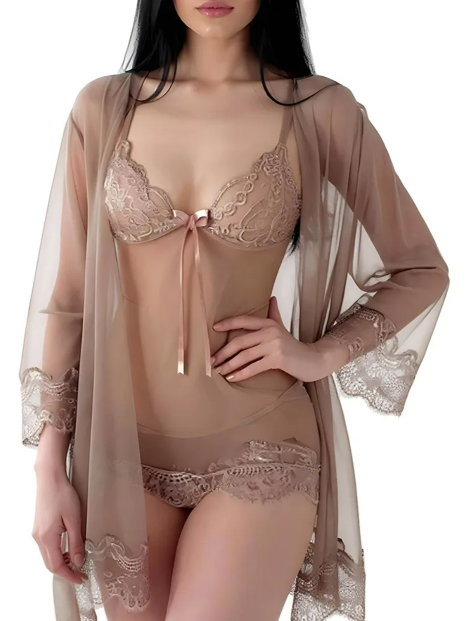Conjunto De Camisón De Encaje Para Mujer Pijama Sexy 4pcs