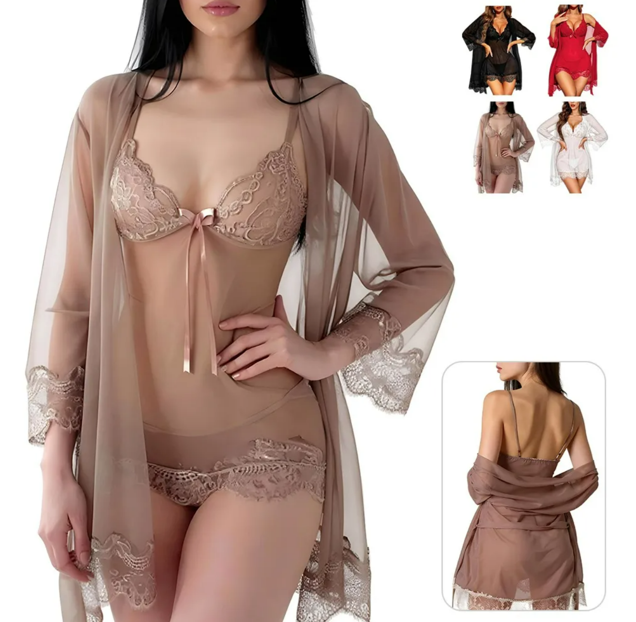 Foto 2 | Conjunto De Camisón De Encaje Para Mujer Pijama Sexy 4pcs