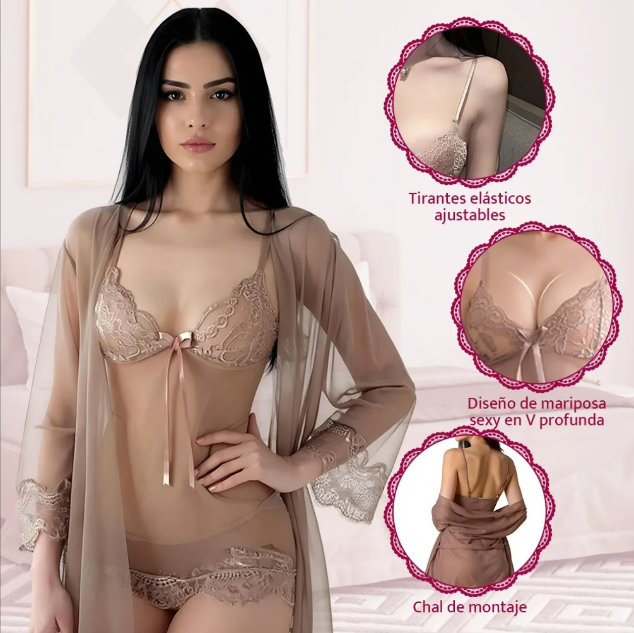 Foto 4 | Conjunto De Camisón De Encaje Para Mujer Pijama Sexy 4pcs