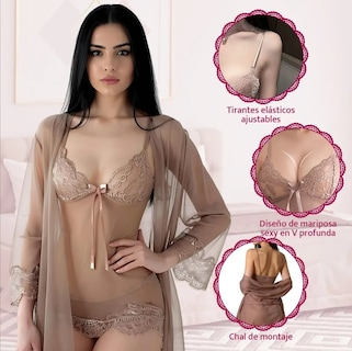 Foto 4 | Conjunto De Camisón De Encaje Para Mujer Pijama Sexy 4pcs