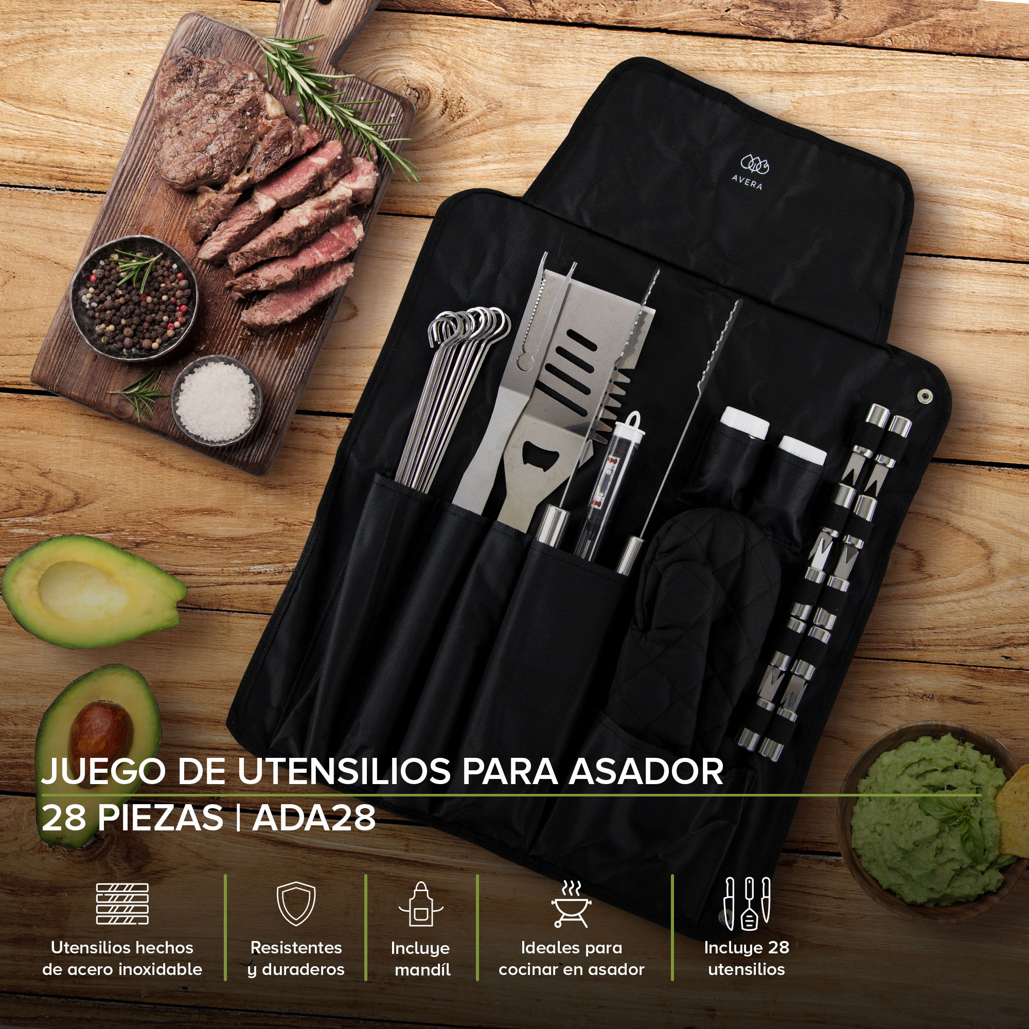 Foto 3 pulgar | Mandil Y Kit De Utensilios Para Asador Parrilla Avera Ada28 - Color Negro