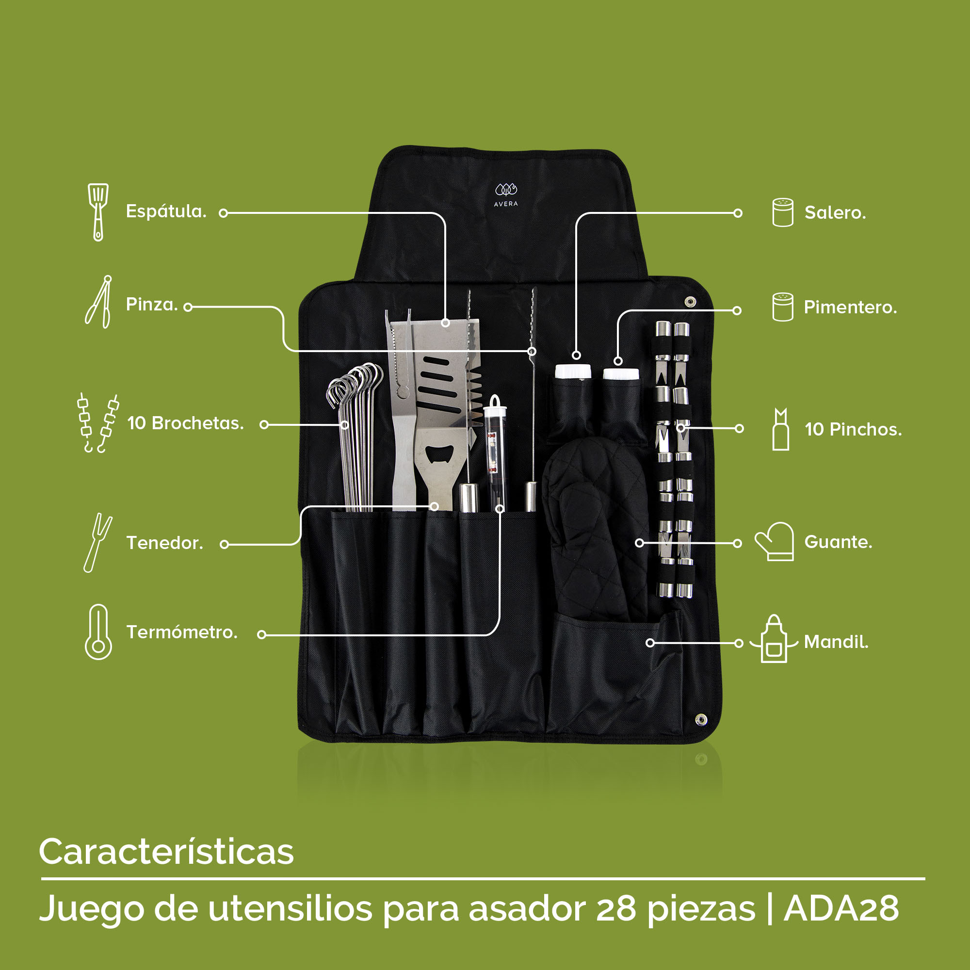 Foto 5 pulgar | Mandil Y Kit De Utensilios Para Asador Parrilla Avera Ada28 - Color Negro
