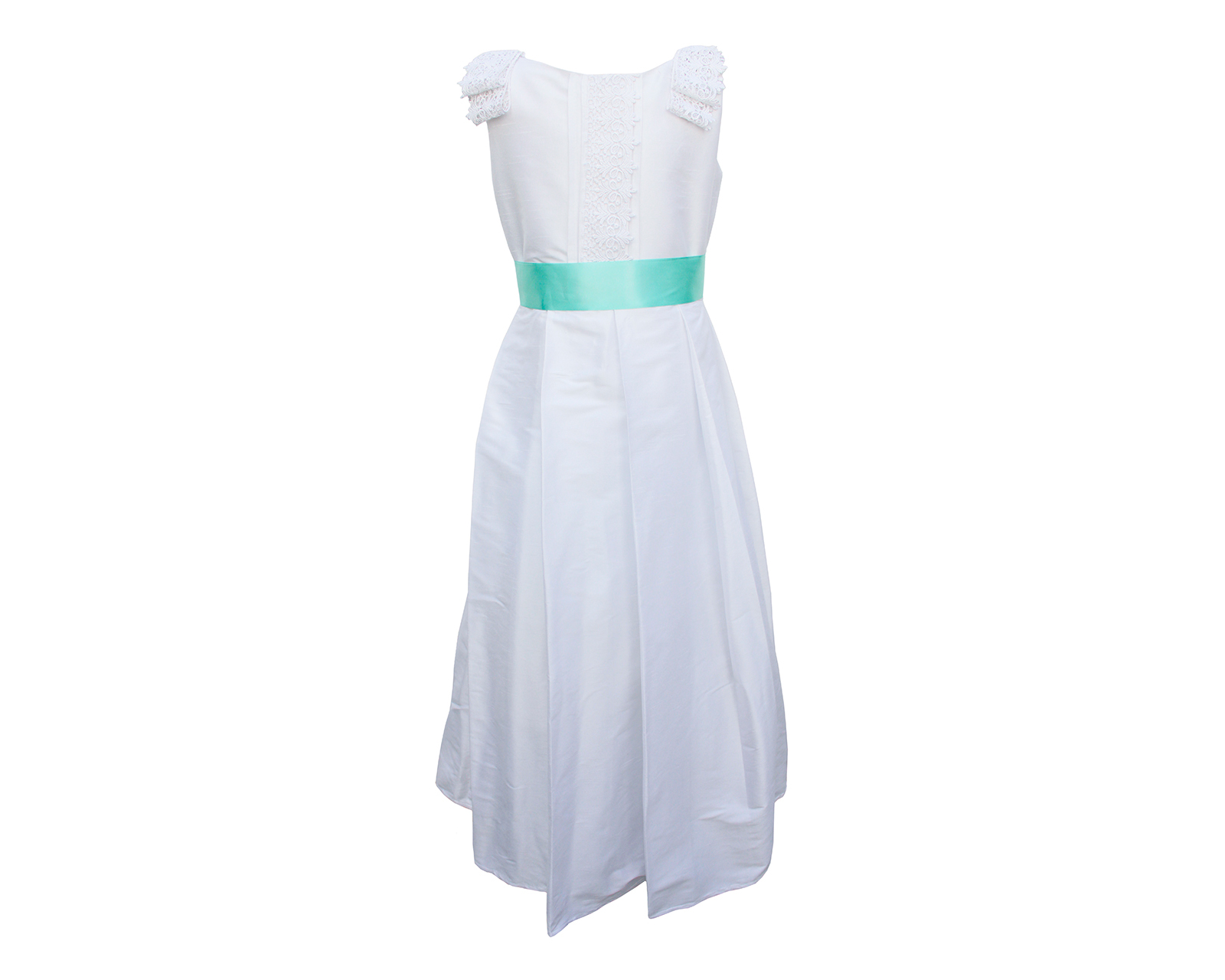 Vestido De Primera Comunión Carana Tela Shantung Pastelones Faldón Color Blanco Listón Pistache Talla 10