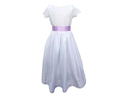 Foto 1 | Vestido De Primera Comunión Carana Tela Shantung Bordado Cuerpo Y Mangas Color Blanco Listón Violeta T12
