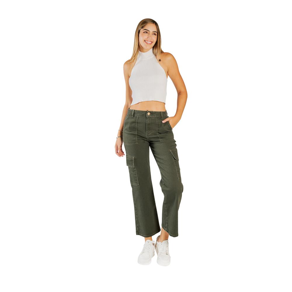 Foto 2 | Pantalon Cargo Color Verde Militar De Mezclilla Stretch Y Tiro Alto Jeanswest 9518c Verde Oscuro