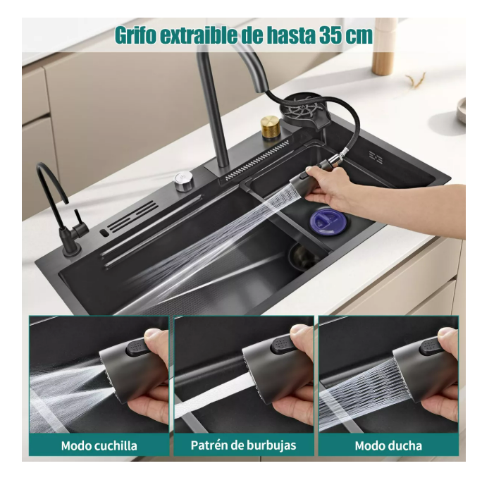Foto 3 | Fregadero De Cocina De Acero Inoxidable Con Accesorios 80x45 Tarja Cocina Wünd Color Negro