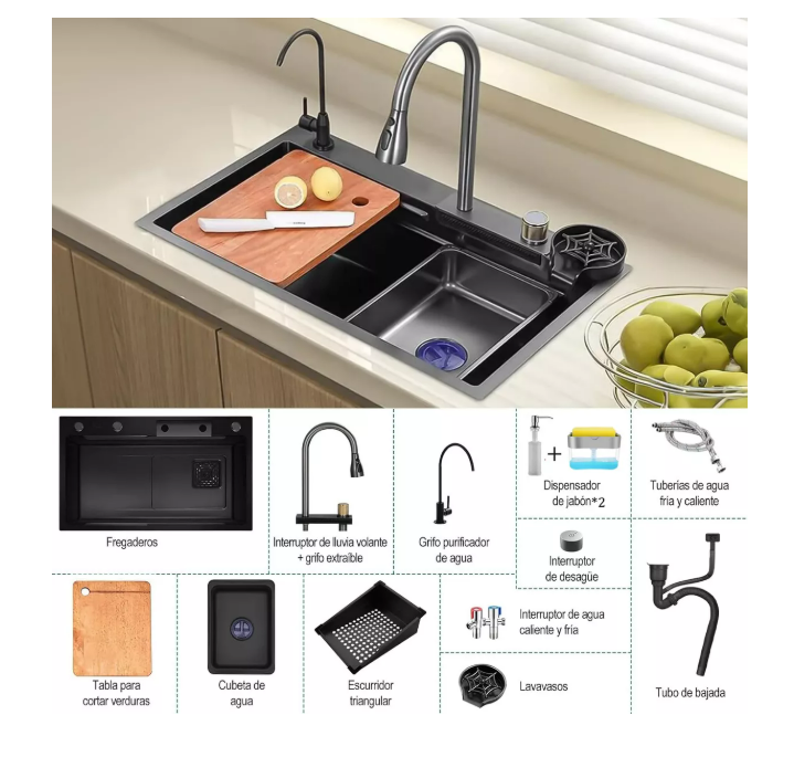 Foto 3 pulgar | Fregadero De Cocina De Acero Inoxidable Con Accesorios 68x45 Color Gris Wünd