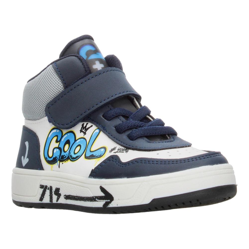 Foto 3 pulgar | Tenis Niño Toddler Vavito Grafiti Azul Marino Mid Cut Tipo Bota Casual Cintas Velcro Ajustable Blanco