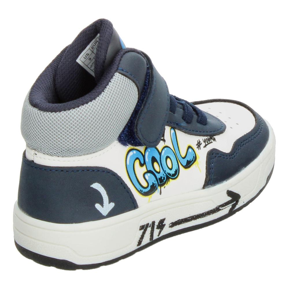 Foto 4 pulgar | Tenis Niño Toddler Vavito Grafiti Azul Marino Mid Cut Tipo Bota Casual Cintas Velcro Ajustable Blanco