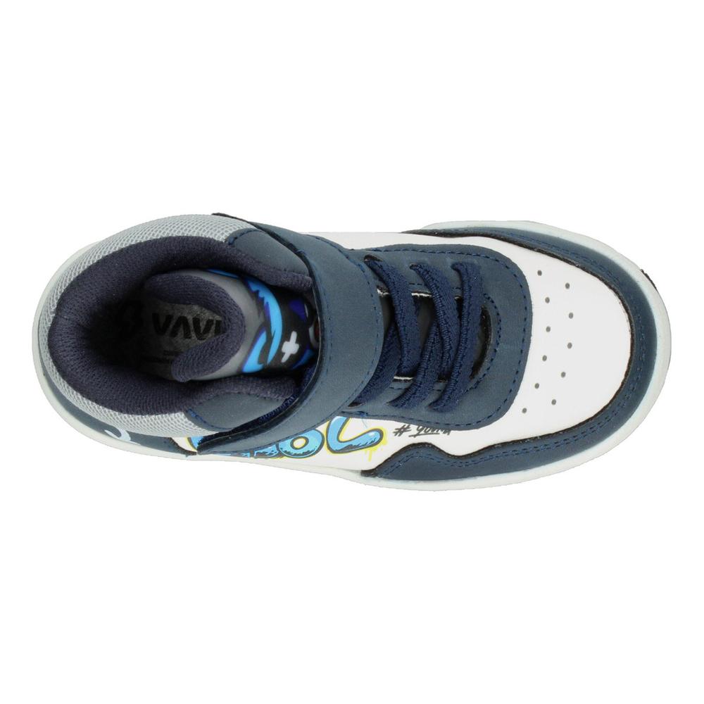Foto 9 pulgar | Tenis Niño Toddler Vavito Grafiti Azul Marino Mid Cut Tipo Bota Casual Cintas Velcro Ajustable Blanco