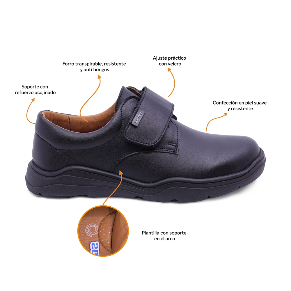 Foto 3 pulgar | Zapato Escolar Audaz Para Niño De Piel En Negro Pilatus Con Tira De Contacto