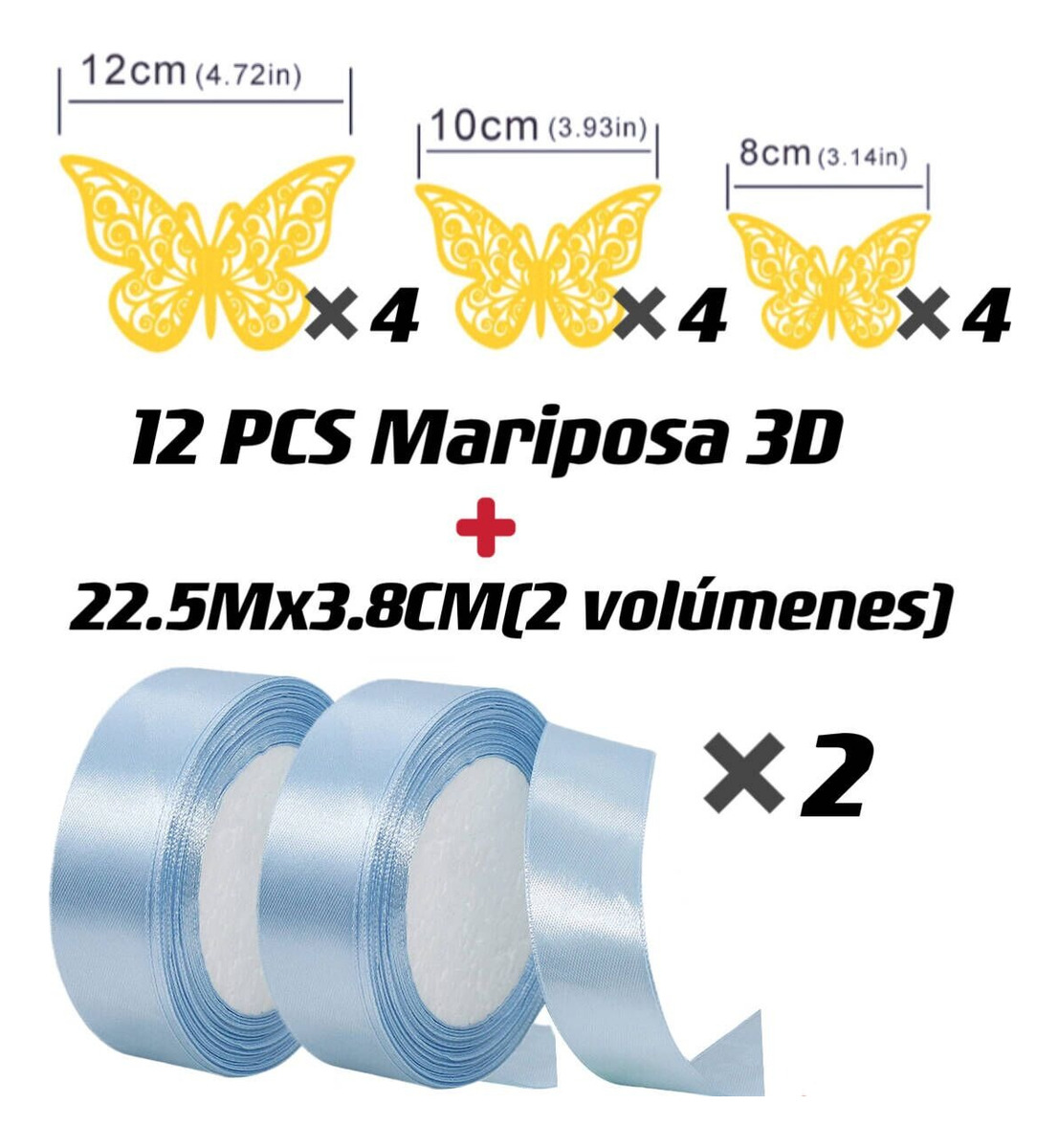 Foto 3 pulgar | 2 Rollos Listón Satinado Azul Celeste 3.8 cm x 45 m + 12 Pegatinas de Mariposa