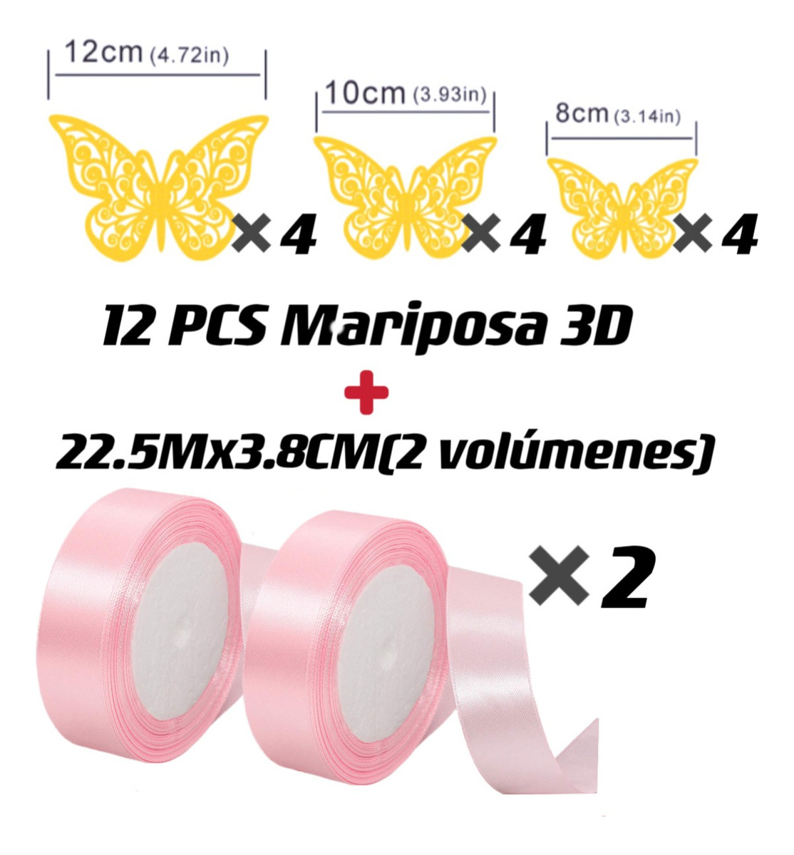Foto 3 pulgar | 2 Rollos de Listón Satinado Rosa 3.8 cm x 45 m + 12 Pegatinas de Mariposa