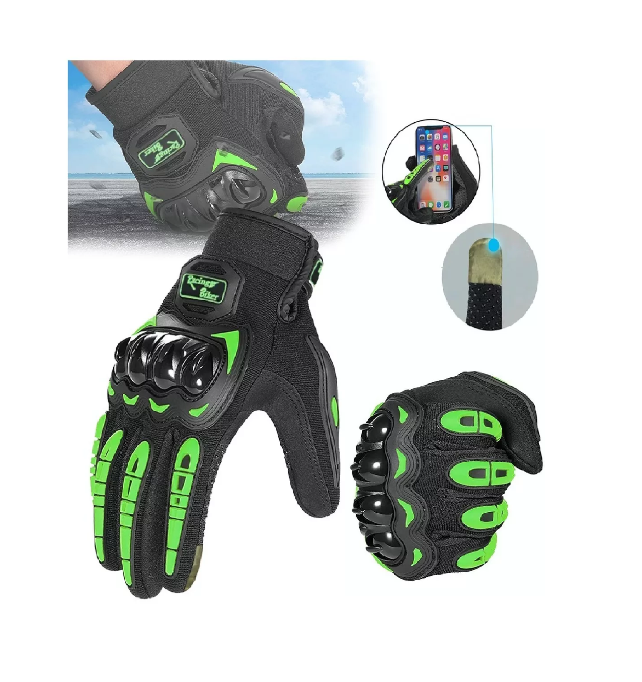 Foto 3 pulgar | Guantes Protección Para Moto Pantalla Táctil Antideslizante Negro/verde  Talla M