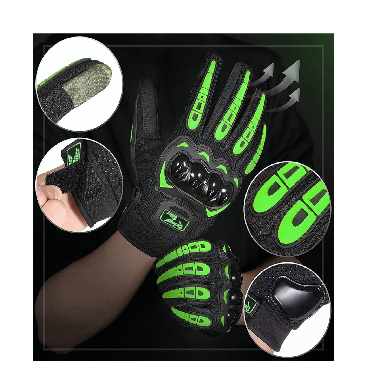 Foto 4 pulgar | Guantes Protección Para Moto Pantalla Táctil Antideslizante Negro/verde  Talla M