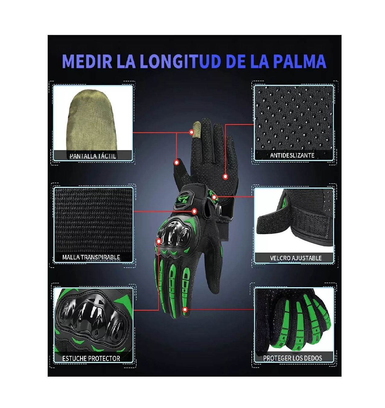 Foto 5 pulgar | Guantes Protección Para Moto Pantalla Táctil Antideslizante Negro/verde  Talla M