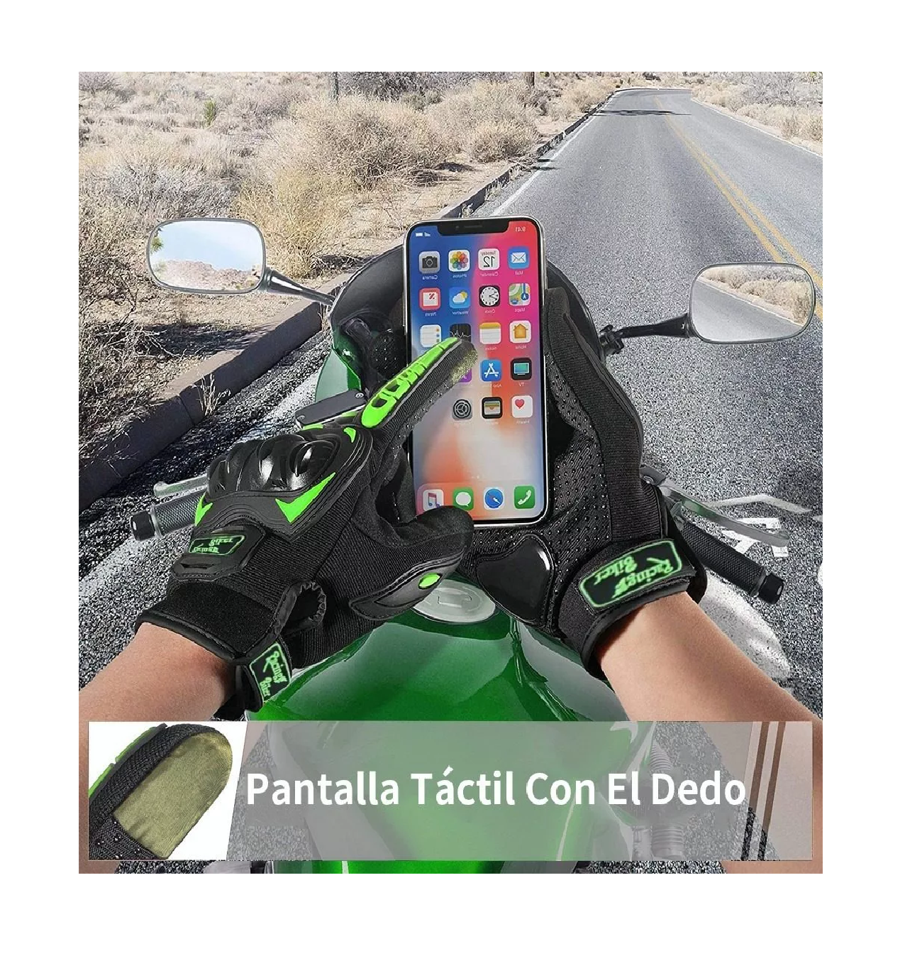 Foto 3 pulgar | Guantes Protección Para Moto Pantalla Táctil Antideslizante Negro/verde  Talla M