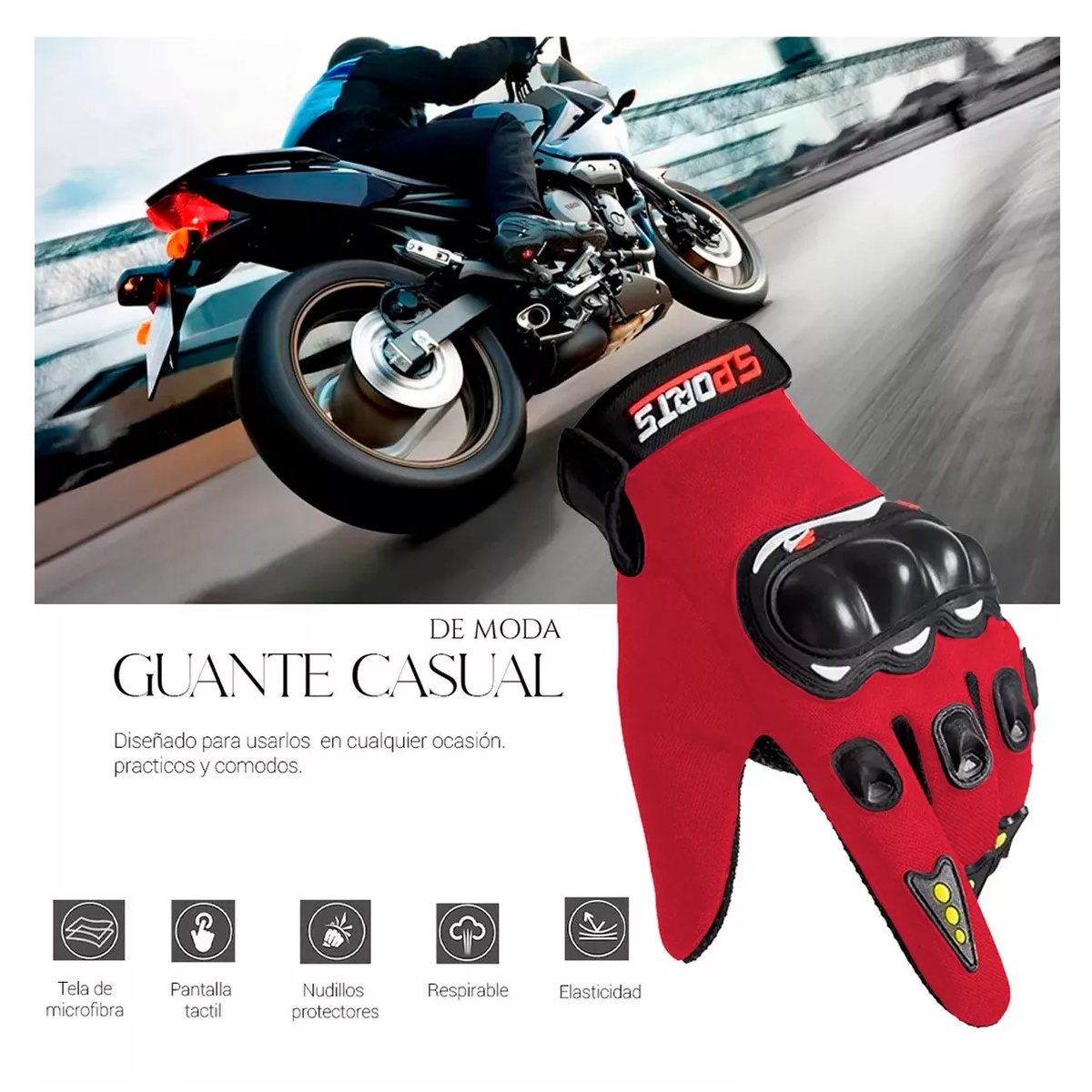 Foto 3 pulgar | Guantes con Protección Anti Derrape Táctil Grande Eo Safe Imports Esi-12782 Rojos para Motociclista